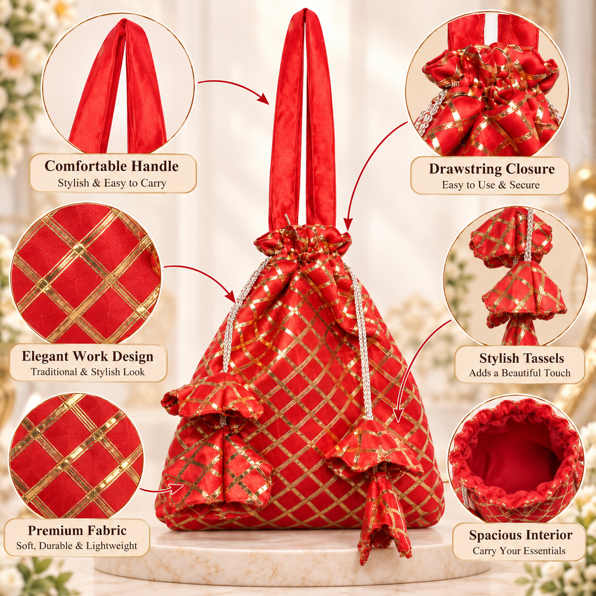 Red Golden Checkered Potli Bag for Women | Designer Satin Drawstring Potli Purse for Wedding, Festive & Party