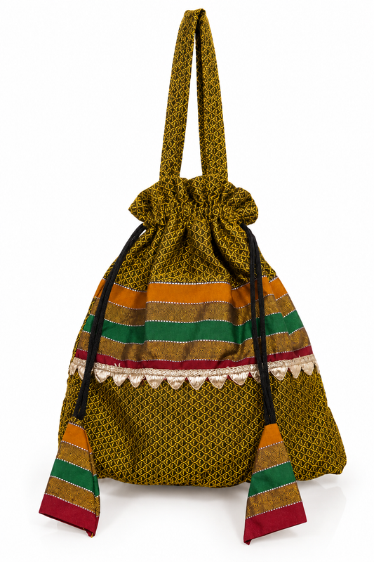 Traditional Green Potli Bag with Intricate Pattern, Multicolor Stripes, Decorative Border, Drawstring Closure and Matching Tassels for Festive Wear