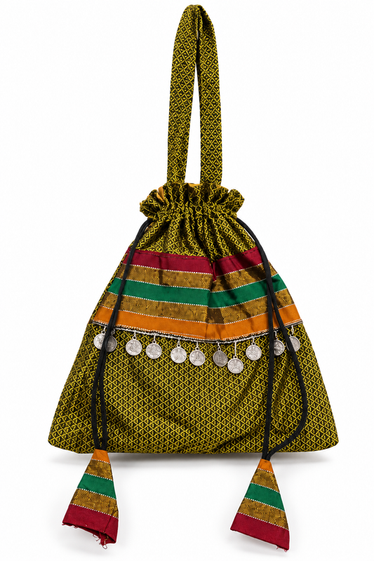 Handcrafted Green Potli Bag with Traditional Embroidery, Multicolor Stripes, Drawstring Closure, and Decorative Coin Tassels for Elegant Festive Occasions