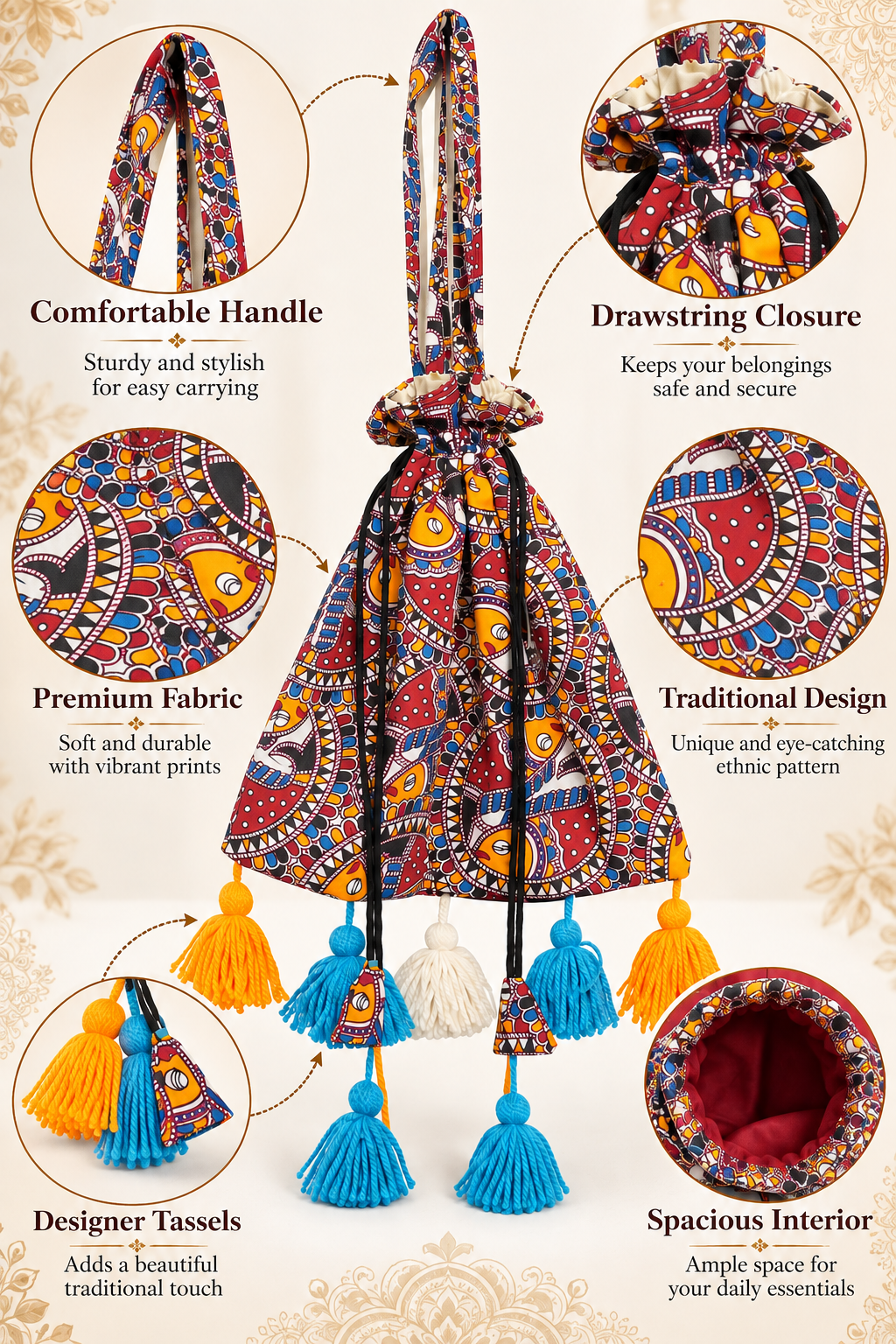Multicolor Printed Potli Bag with Traditional Ethnic Patterns, Long Handle, Drawstring Closure, Colorful Tassels and Stylish Festive Detailing