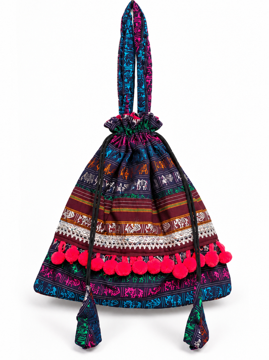 Traditional Multicolor Potli Bag with Intricate Ethnic Patterns, Decorative Pom Poms, Drawstring Closure, Matching Tassels and Elegant Handcrafted Detailing