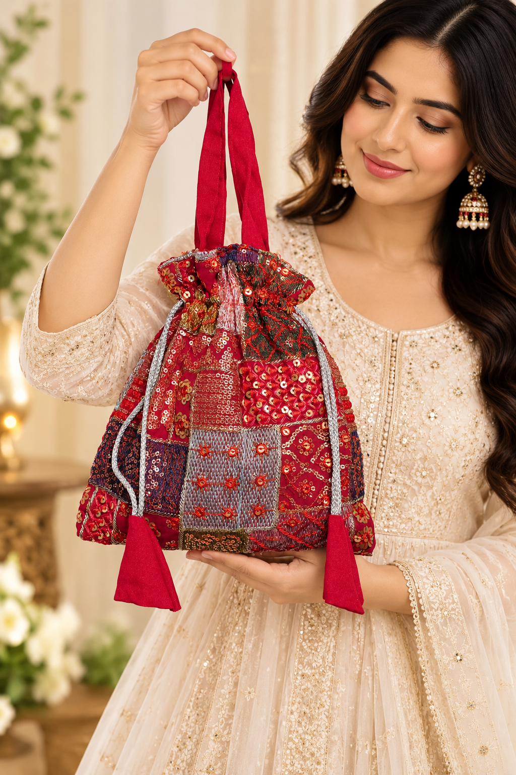 Red Patchwork Potli Bag with Sequin Embroidery, Silver Drawstring, Fabric Handle and Decorative Tassels for Weddings, Festivals and Parties