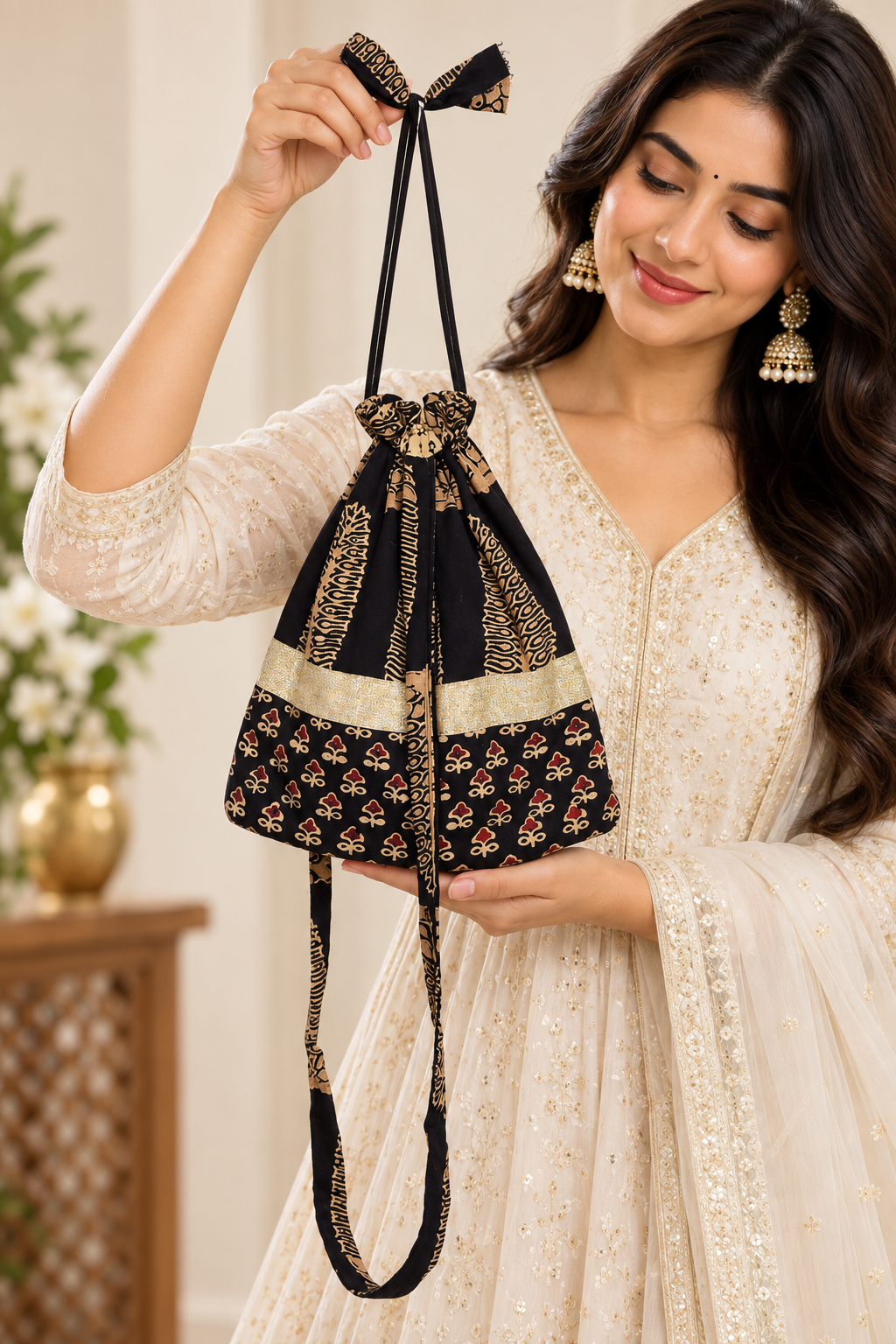 Women’s Black Ethnic Potli Bag with Traditional Printed Design, Golden Border, Drawstring Closure, Long Straps and Stylish Bow Detail