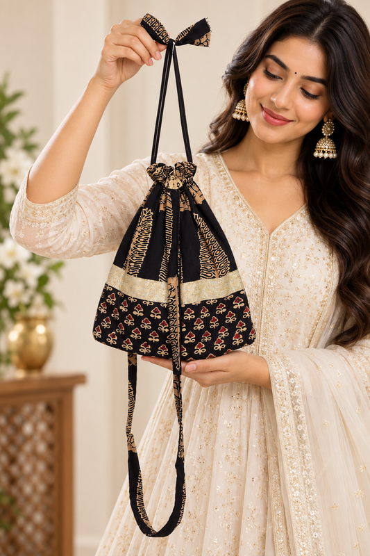 Women’s Black Ethnic Potli Bag with Traditional Printed Design, Golden Border, Drawstring Closure, Long Straps and Stylish Bow Detail
