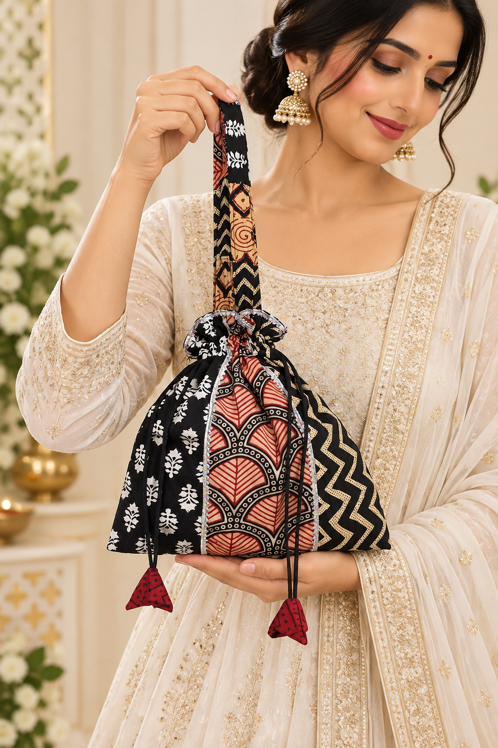 Black Red Potli Bag with Traditional Printed Patterns, Ruffled Drawstring Closure, Long Handle, Decorative Tassels and Stylish Ethnic Detailing