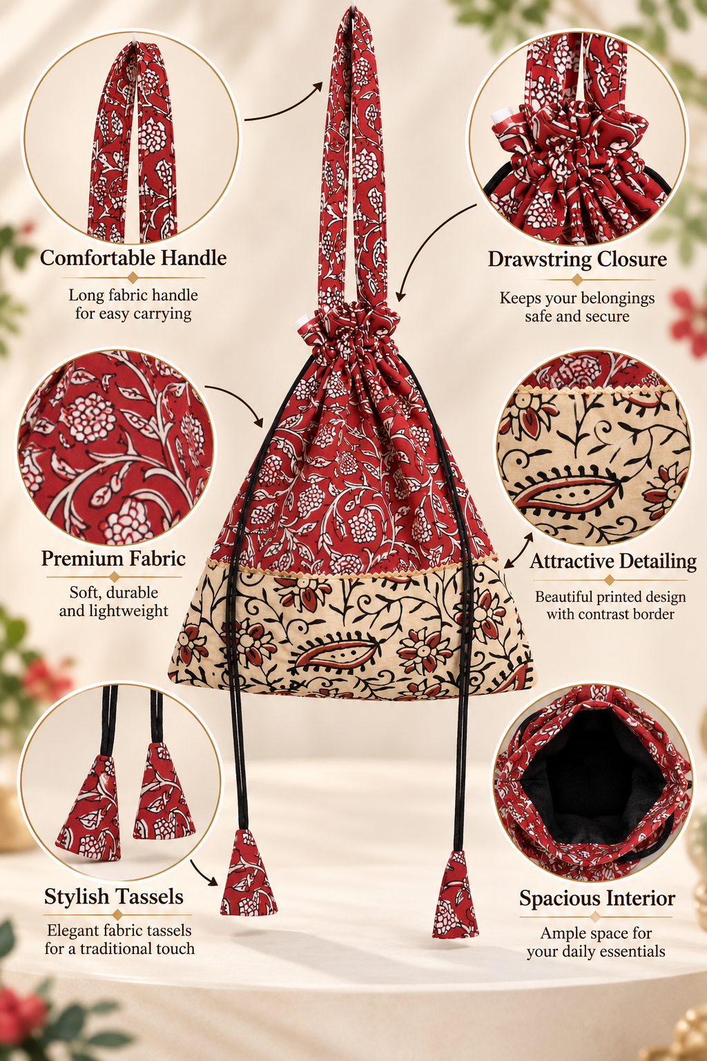 Women’s Red Floral Printed Potli Bag with Traditional Ethnic Design, Long Handle, Drawstring Closure, Decorative Border and Tassel Details