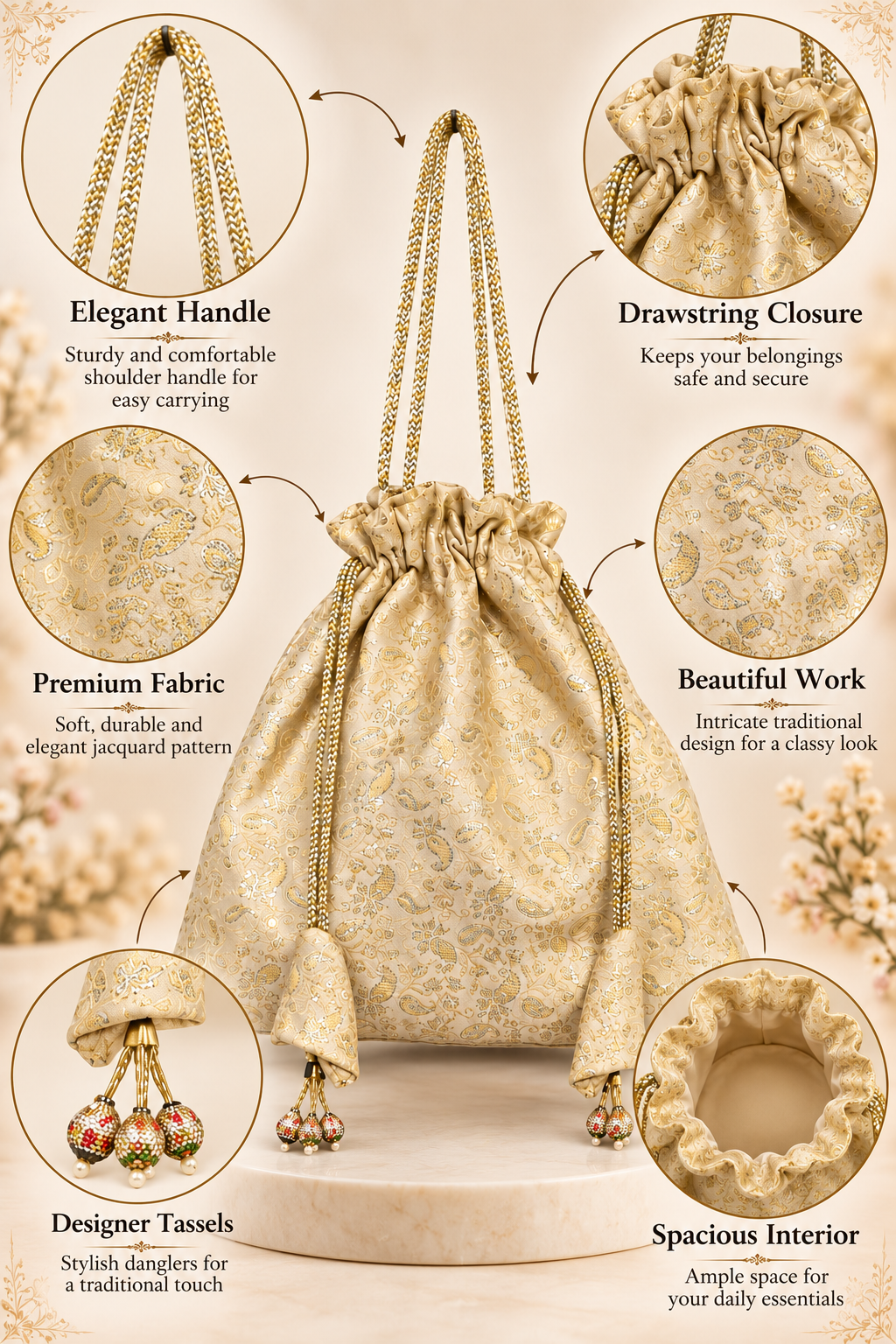 Elegant Golden Cream Potli Bag with Paisley Brocade, Braided Handles, Drawstring Closure, Traditional Detailing and Decorative Beaded Tassels for Weddings