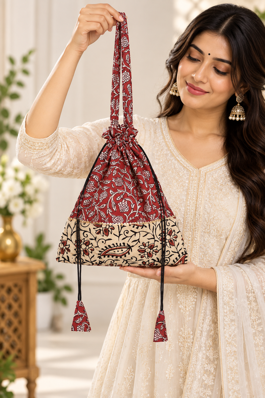 Women’s Red Floral Printed Potli Bag with Traditional Ethnic Design, Long Handle, Drawstring Closure, Decorative Border and Tassel Details