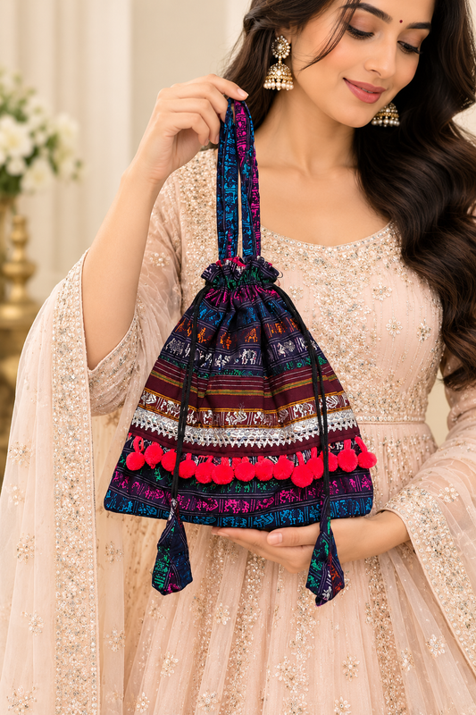Traditional Multicolor Potli Bag with Intricate Ethnic Patterns, Decorative Pom Poms, Drawstring Closure, Matching Tassels and Elegant Handcrafted Detailing