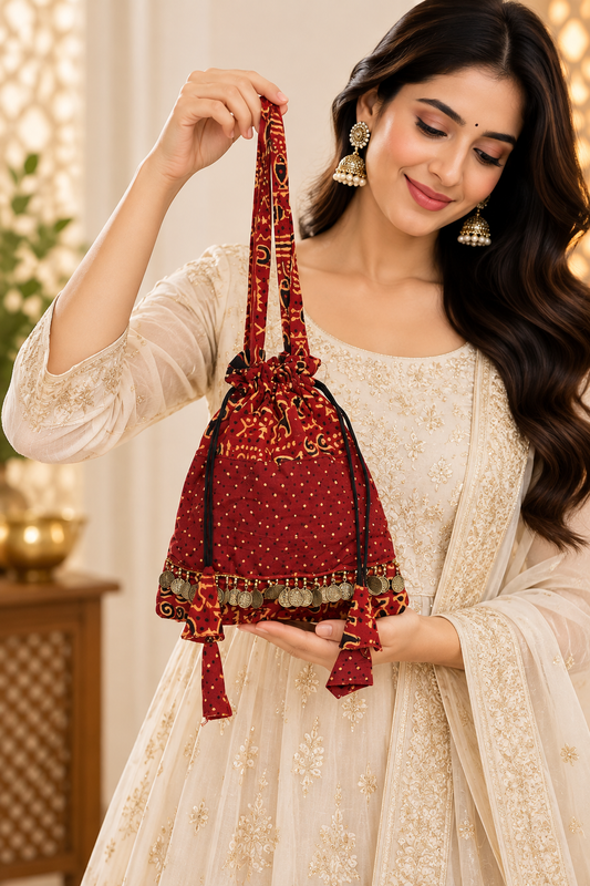 Maroon Printed Potli Bag with Traditional Folk Patterns, Golden Coin Detailing, Long Handle, Drawstring Closure and Decorative Tassels for Women