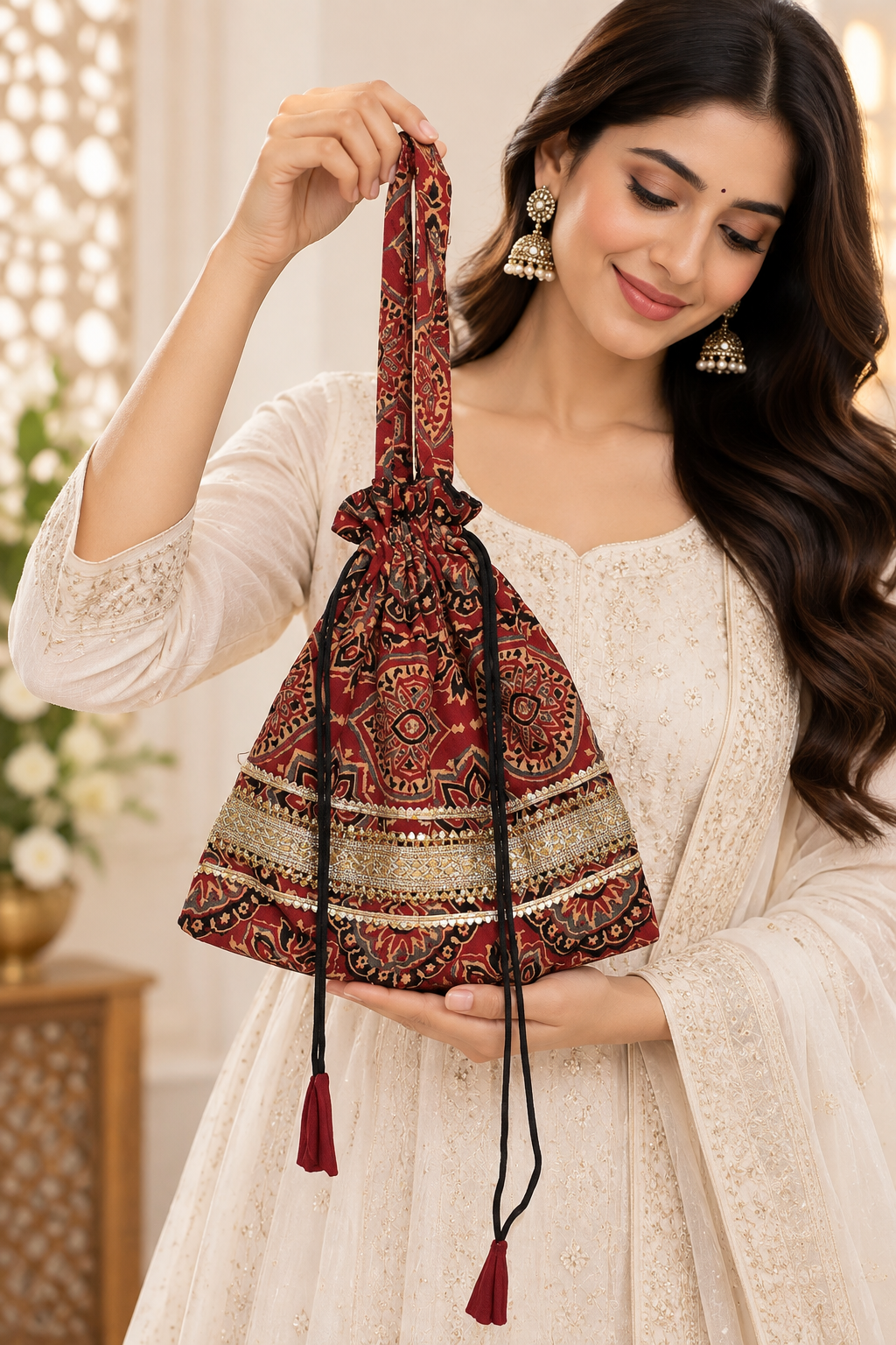 Maroon Printed Potli Bag with Traditional Ethnic Patterns, Golden Embellished Border, Long Handle, Drawstring Closure and Decorative Tassels for Women