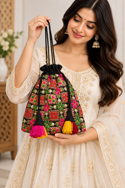 Handcrafted Colorful Embroidered Potli Bag with Traditional Mirror and Thread Work Drawstring Closure Decorative Tassels for Festive Ethnic Occasions