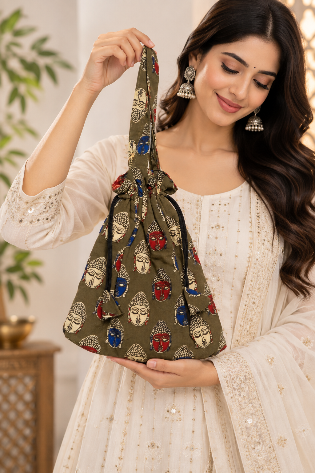 Olive Green Buddha Print Potli Bag with Traditional Motifs, Long Handle, Drawstring Closure, Black Cords and Stylish Ethnic Detailing