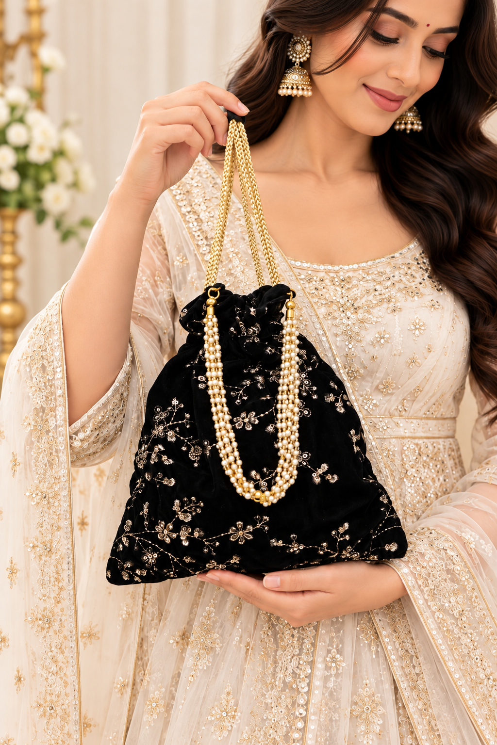 Elegant Black Velvet Potli Bag with Gold Floral Embroidery, Pearl Detailing, Drawstring Closure and Decorative Bow Handle for Festive Occasions