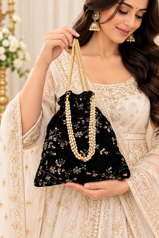 Elegant Black Velvet Potli Bag with Gold Floral Embroidery, Pearl Detailing, Drawstring Closure and Decorative Bow Handle for Festive Occasions
