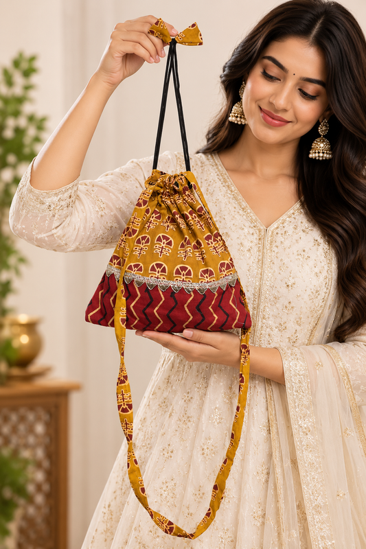Women’s Mustard Maroon Ethnic Potli Bag with Printed Design, Drawstring Closure, Decorative Border and Long Fabric Handle for Festive Occasions