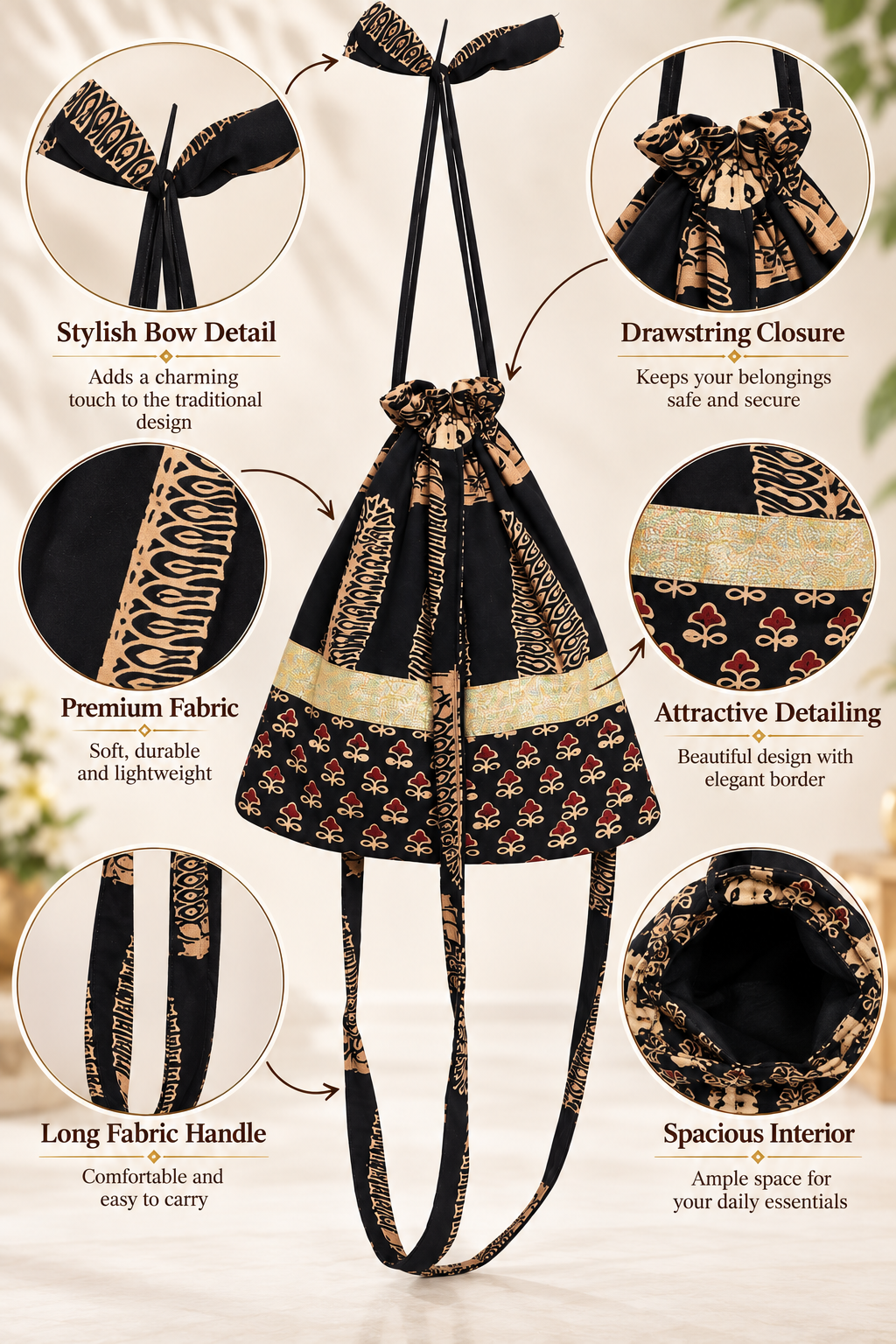 Women’s Black Ethnic Potli Bag with Traditional Printed Design, Golden Border, Drawstring Closure, Long Straps and Stylish Bow Detail