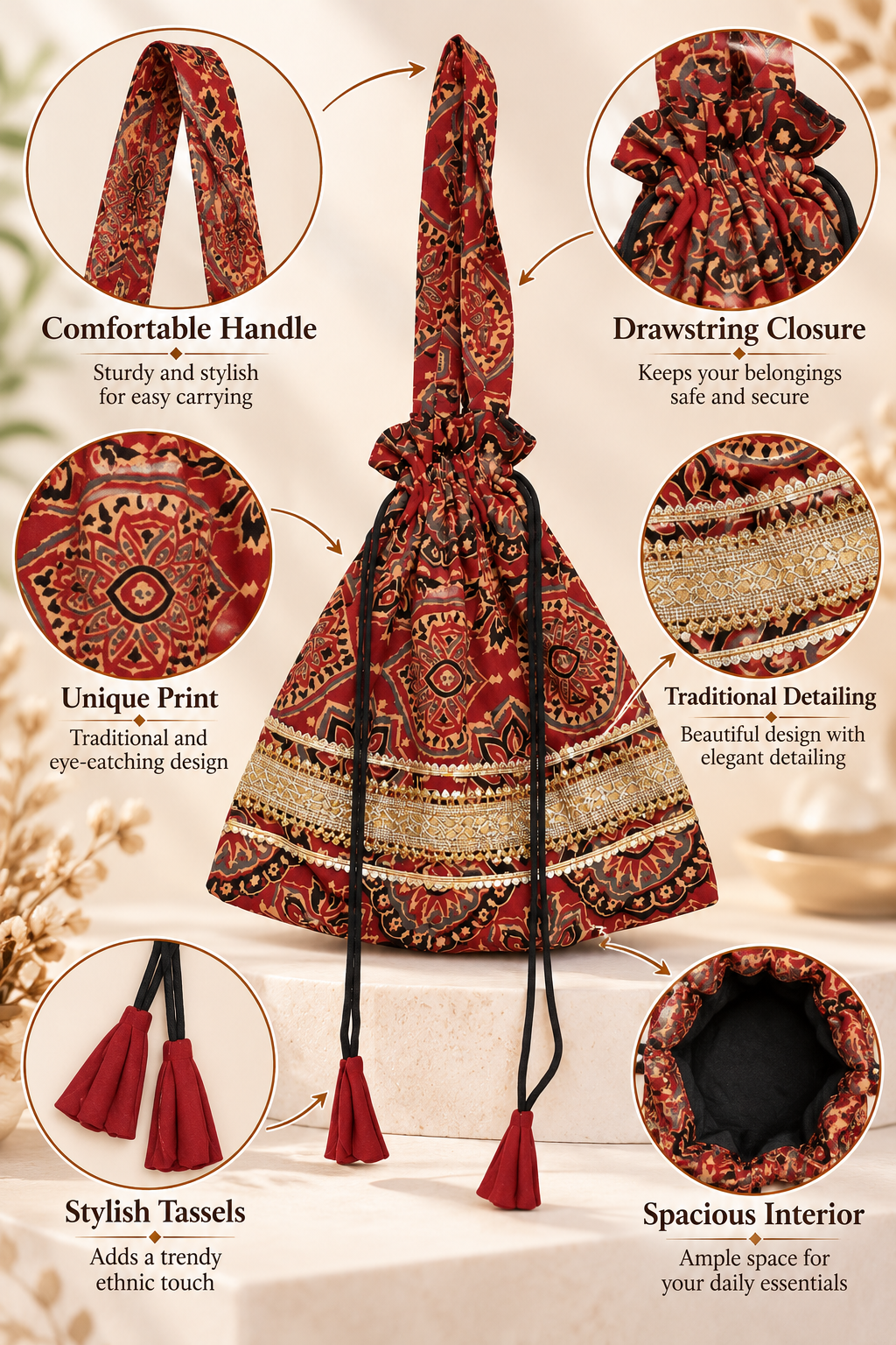 Maroon Printed Potli Bag with Traditional Ethnic Patterns, Golden Embellished Border, Long Handle, Drawstring Closure and Decorative Tassels for Women