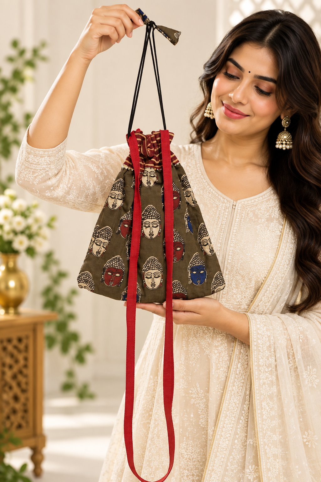Women’s Olive Green Ethnic Potli Bag with Buddha Print, Red Straps, Drawstring Closure, Traditional Design and Stylish Long Handle