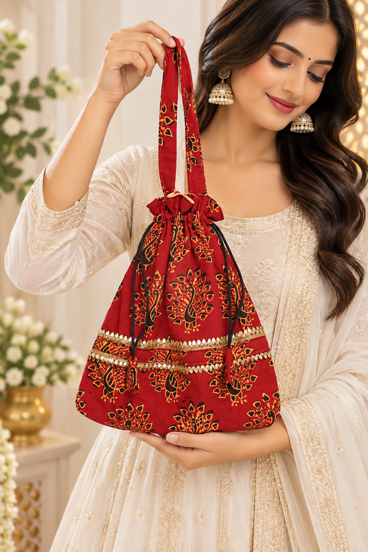 Red Printed Potli Bag with Peacock Design, Golden Decorative Border, Drawstring Closure, Long Handle and Matching Tassels for Women