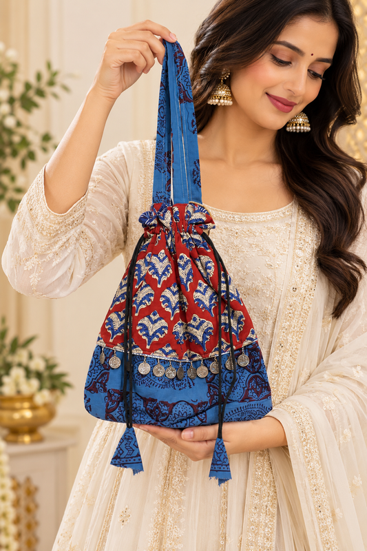 Blue Red Printed Potli Bag with Traditional Floral Patterns, Drawstring Closure, Coin Charms, Long Handle and Decorative Tassels for Women