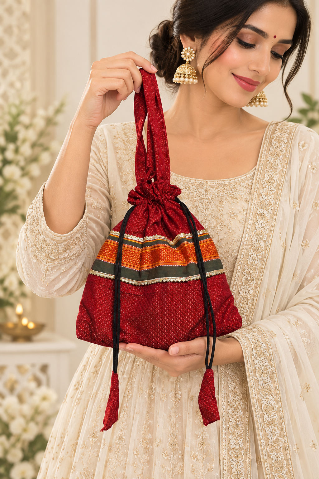 Red Potli Bag with Traditional Woven Pattern, Maroon and Orange Borders, Drawstring Closure, Matching Tassels and Elegant Ethnic Detailing