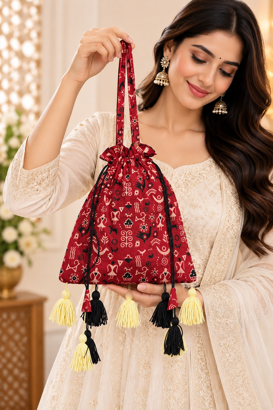 Red Printed Ethnic Potli Bag with Traditional Motifs, Long Handle, Drawstring Closure, Decorative Tassels and Stylish Festive Design for Women