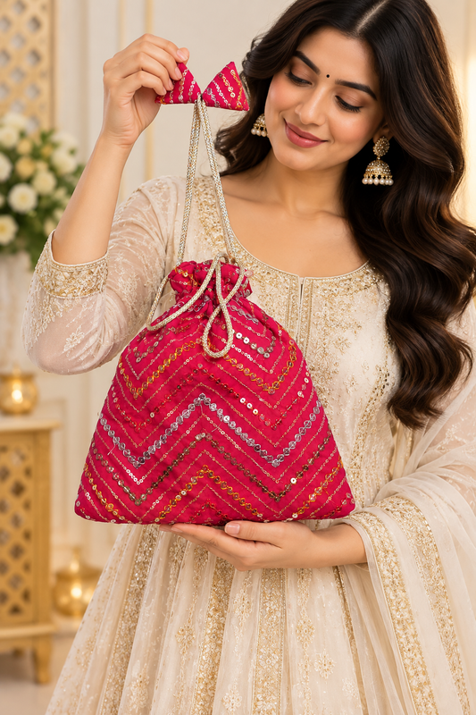 Pink Embroidered Potli Bag with Chevron Sequin Work, Golden Drawstring, Stylish Handle and Decorative Bow Detail for Festive Occasions