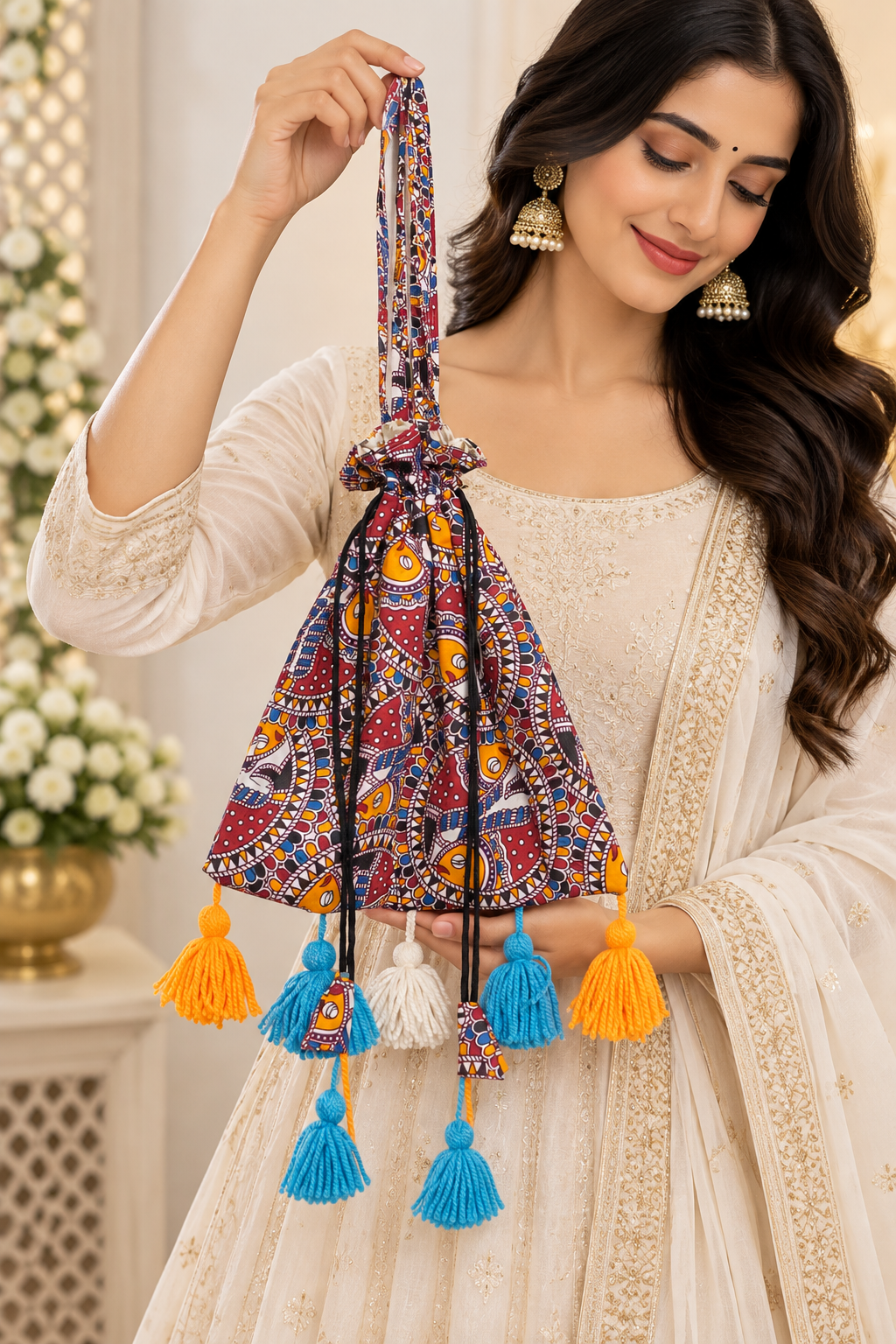 Multicolor Printed Potli Bag with Traditional Ethnic Patterns, Long Handle, Drawstring Closure, Colorful Tassels and Stylish Festive Detailing