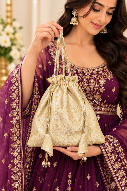 Elegant Golden Cream Potli Bag with Paisley Brocade, Braided Handles, Drawstring Closure, Traditional Detailing and Decorative Beaded Tassels for Weddings