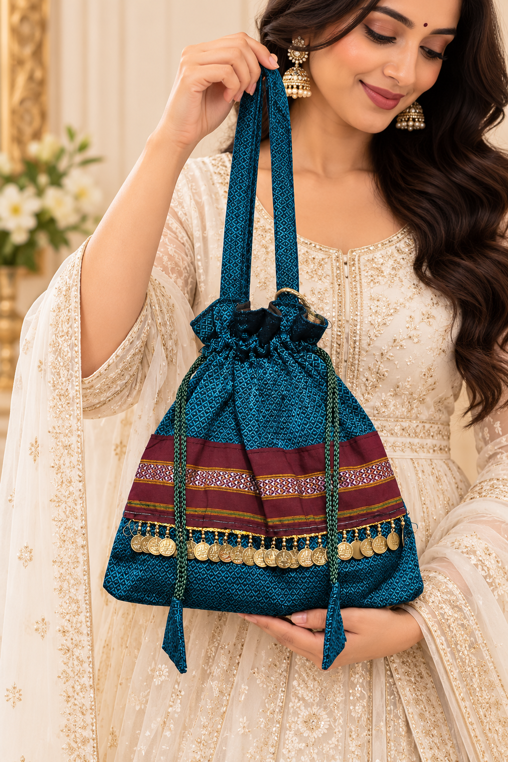 Teal Blue Potli Bag with Traditional Geometric Pattern, Maroon Ethnic Band, Golden Coin Charms, Drawstring Closure and Decorative Tassels