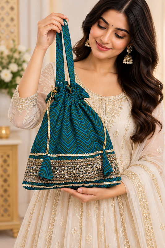 Teal Chevron Potli Bag with Gold Embroidery, Decorative Tassels, Drawstring Closure and Matching Handle for Festive Ethnic Occasions