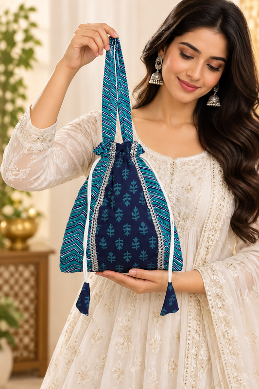 Women’s Blue Teal Ethnic Potli Bag with Printed Design, Drawstring Closure, Decorative Border and Stylish Tassels for Festive Occasions