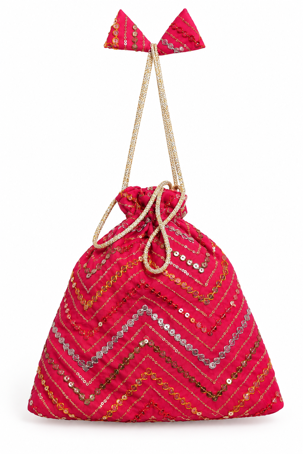 Pink Embroidered Potli Bag with Chevron Sequin Work, Golden Drawstring, Stylish Handle and Decorative Bow Detail for Festive Occasions
