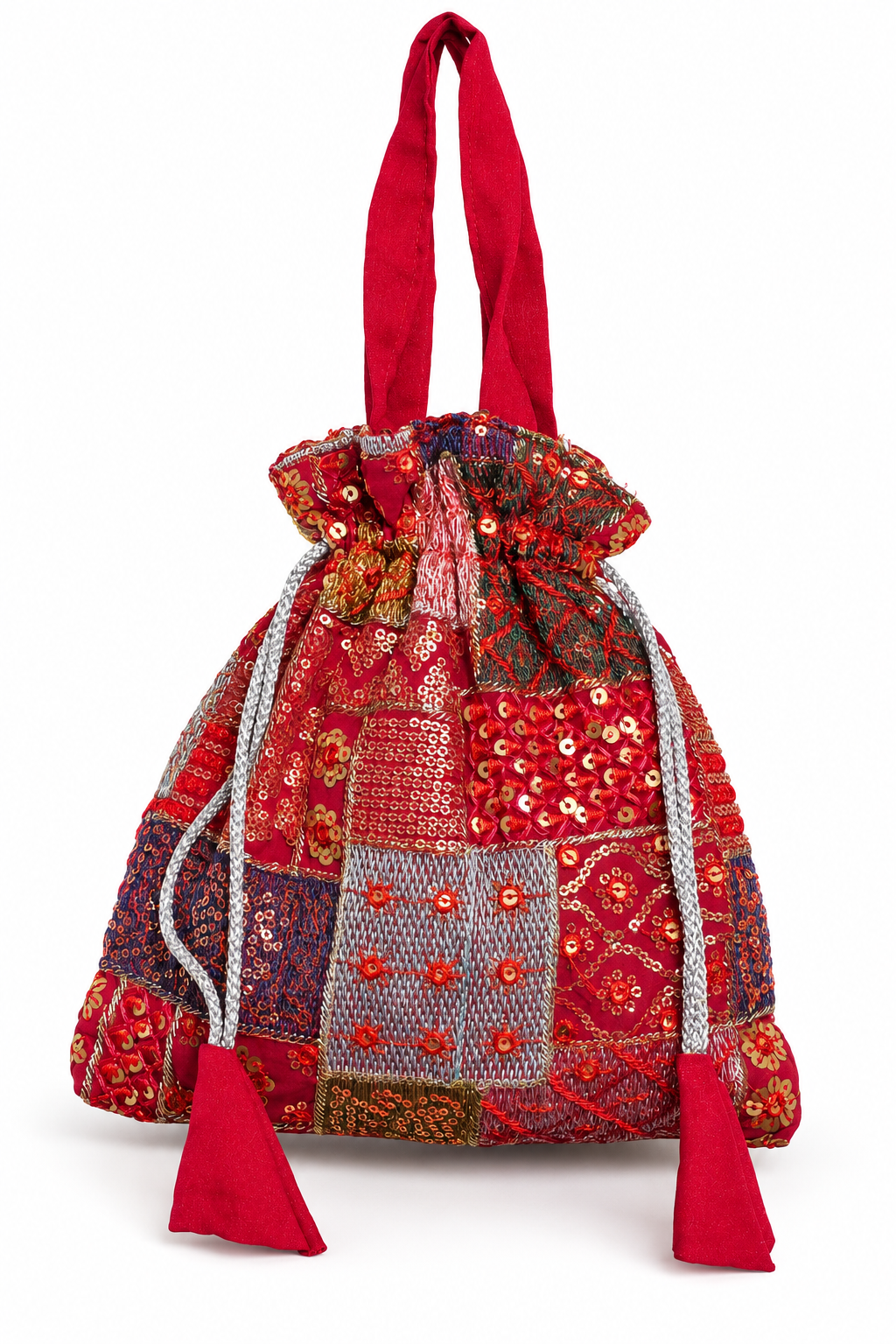 Red Patchwork Potli Bag with Sequin Embroidery, Silver Drawstring, Fabric Handle and Decorative Tassels for Weddings, Festivals and Parties