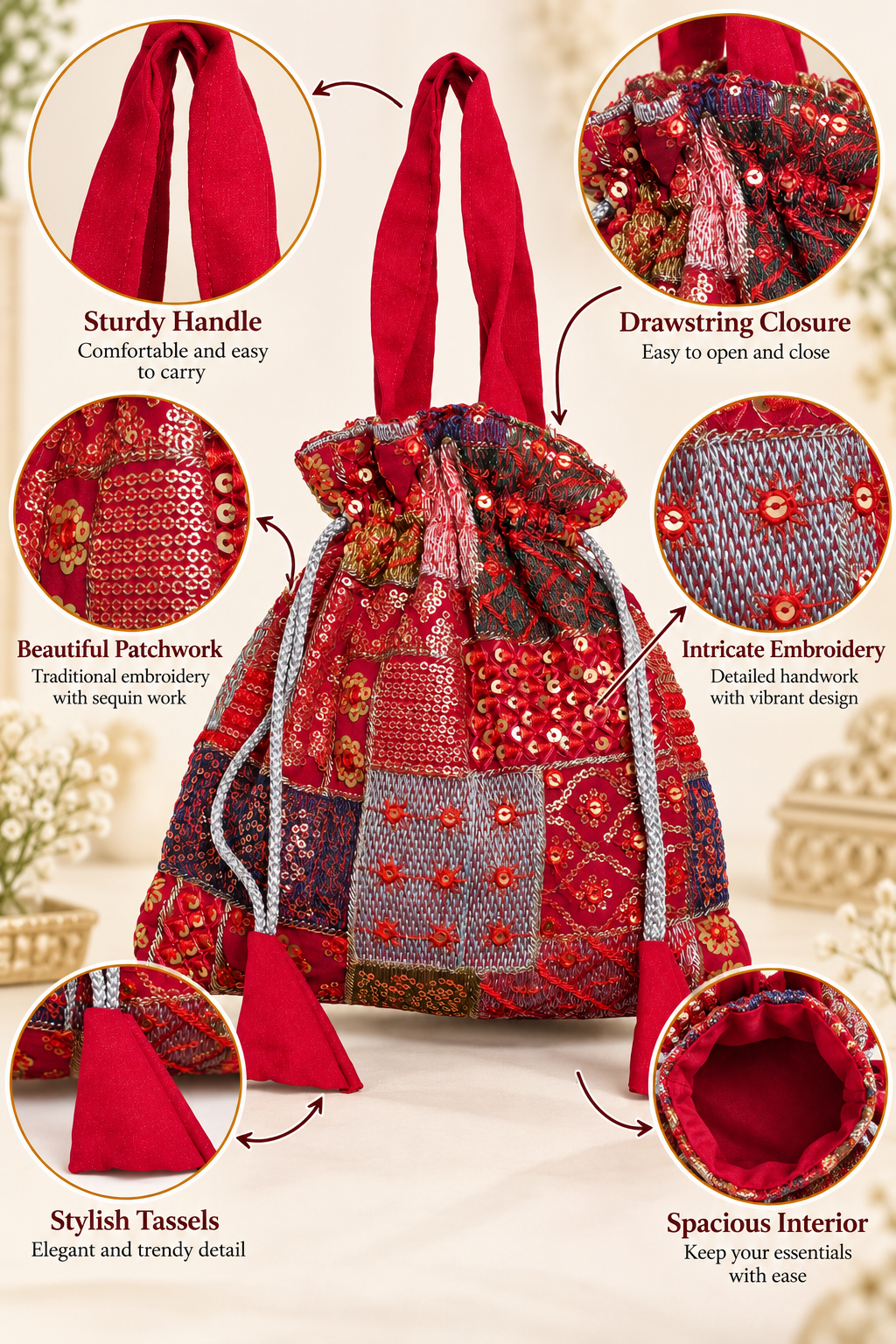Red Patchwork Potli Bag with Sequin Embroidery, Silver Drawstring, Fabric Handle and Decorative Tassels for Weddings, Festivals and Parties