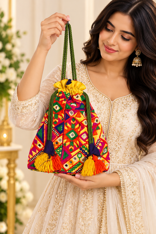 Multicolor Embroidered Potli Bag with Mirror Work, Green Braided Handle, Yellow Drawstring and Decorative Tassels for Festive Occasions and Celebrations