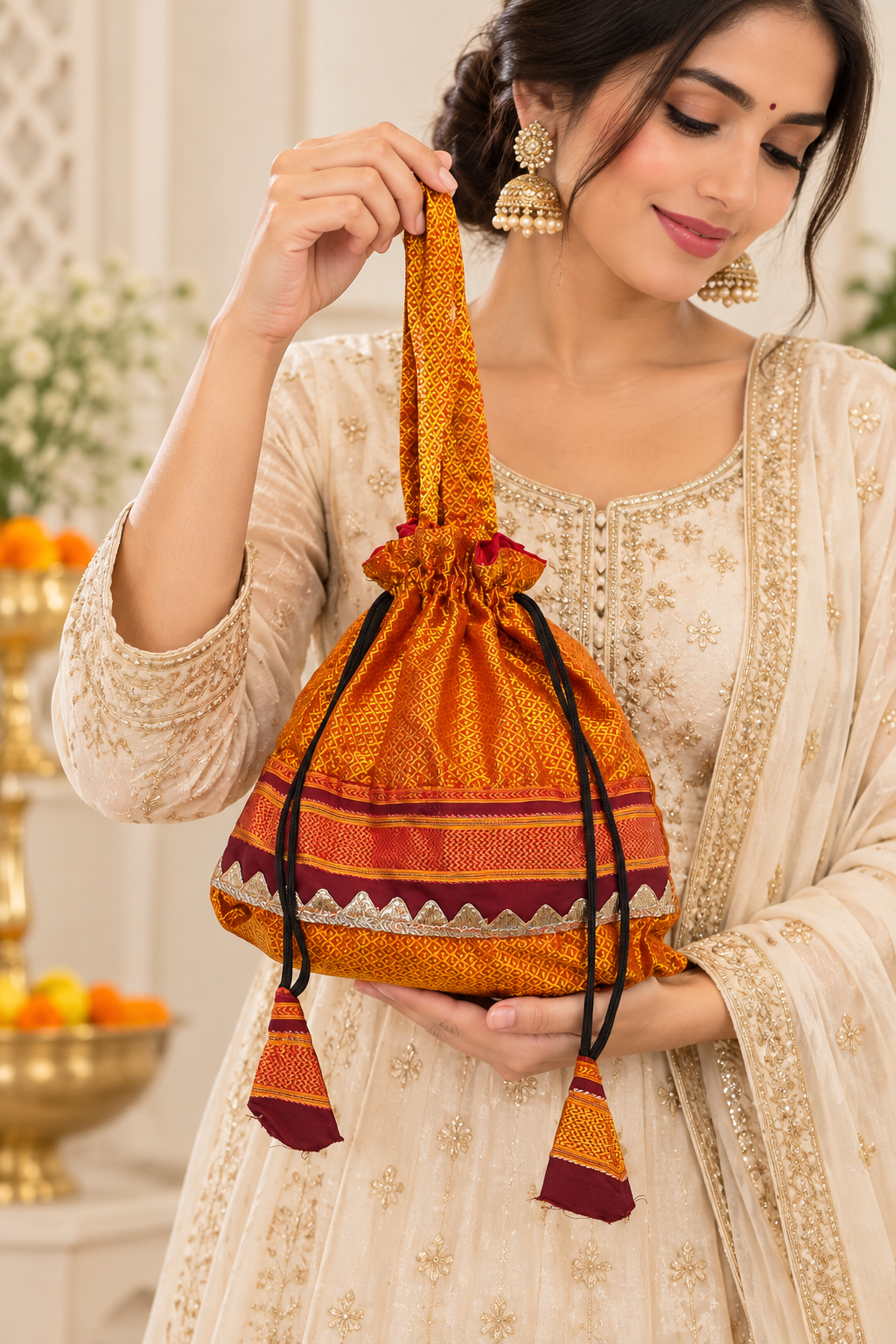 Orange Gold Potli Bag with Traditional Woven Pattern, Maroon Border, Drawstring Closure, Matching Tassels and Elegant Ethnic Detailing for Festivals