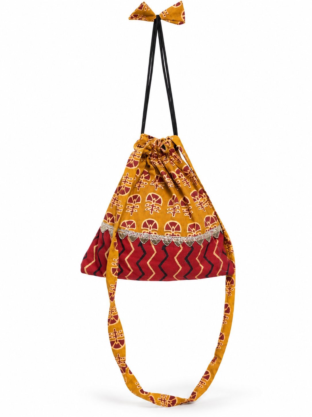 Women’s Mustard Maroon Ethnic Potli Bag with Printed Design, Drawstring Closure, Decorative Border and Long Fabric Handle for Festive Occasions