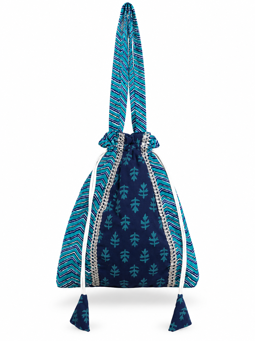 Women’s Blue Teal Ethnic Potli Bag with Printed Design, Drawstring Closure, Decorative Border and Stylish Tassels for Festive Occasions