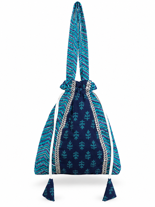 Women’s Blue Teal Ethnic Potli Bag with Printed Design, Drawstring Closure, Decorative Border and Stylish Tassels for Festive Occasions
