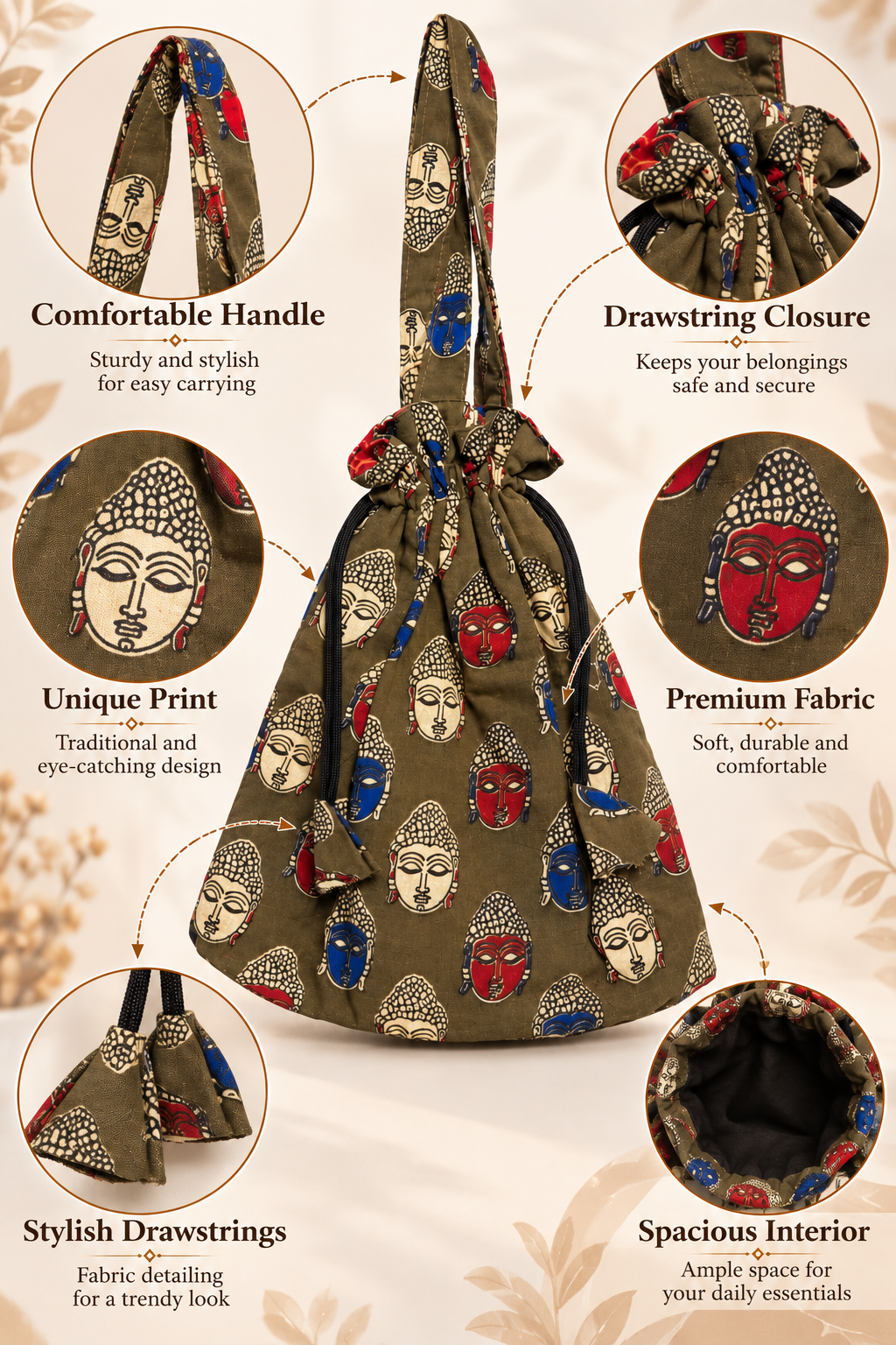 Olive Green Buddha Print Potli Bag with Traditional Motifs, Long Handle, Drawstring Closure, Black Cords and Stylish Ethnic Detailing