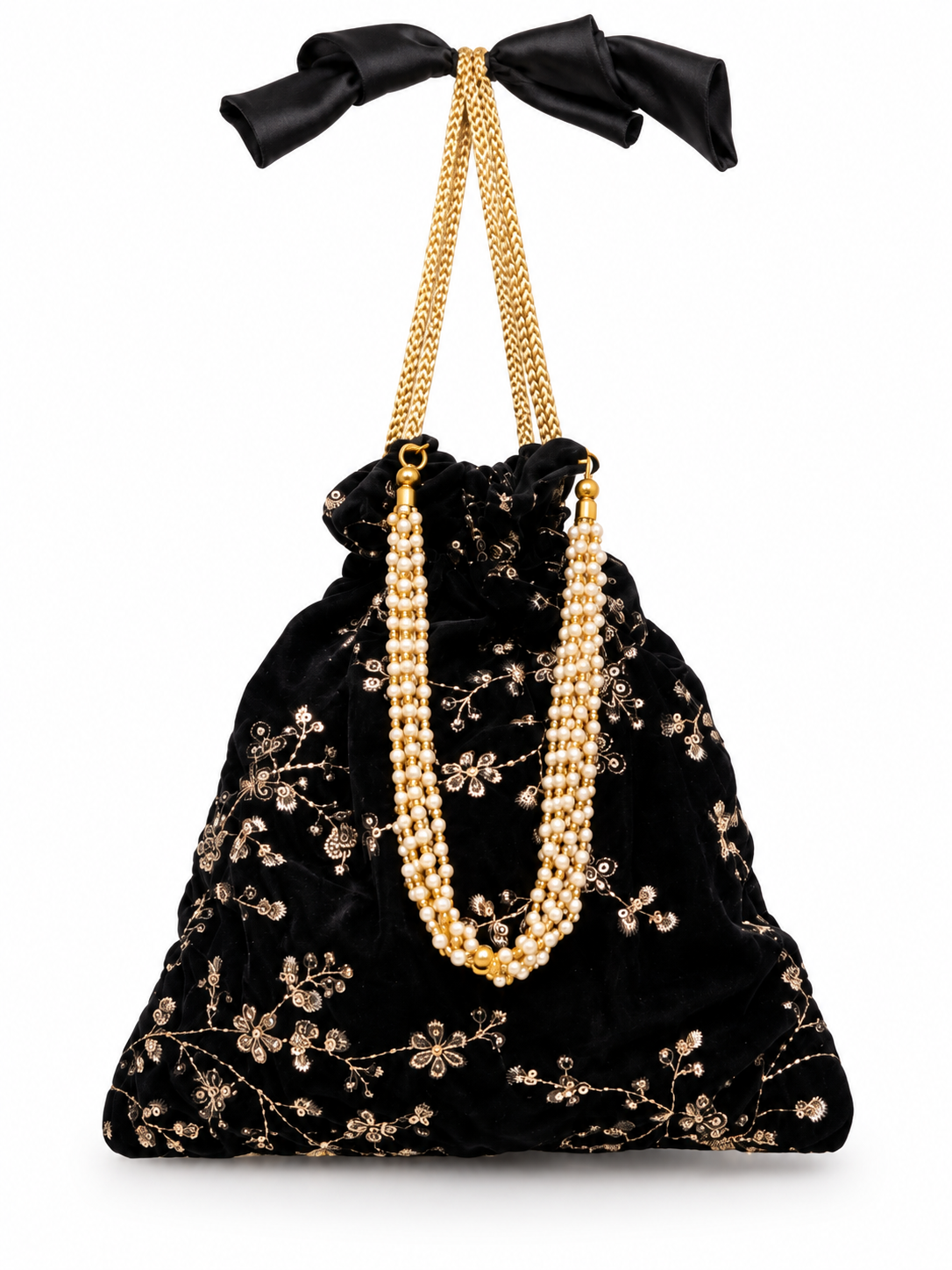 Elegant Black Velvet Potli Bag with Gold Floral Embroidery, Pearl Detailing, Drawstring Closure and Decorative Bow Handle for Festive Occasions