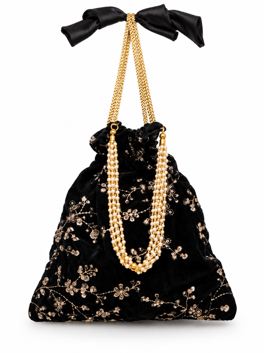 Elegant Black Velvet Potli Bag with Gold Floral Embroidery, Pearl Detailing, Drawstring Closure and Decorative Bow Handle for Festive Occasions