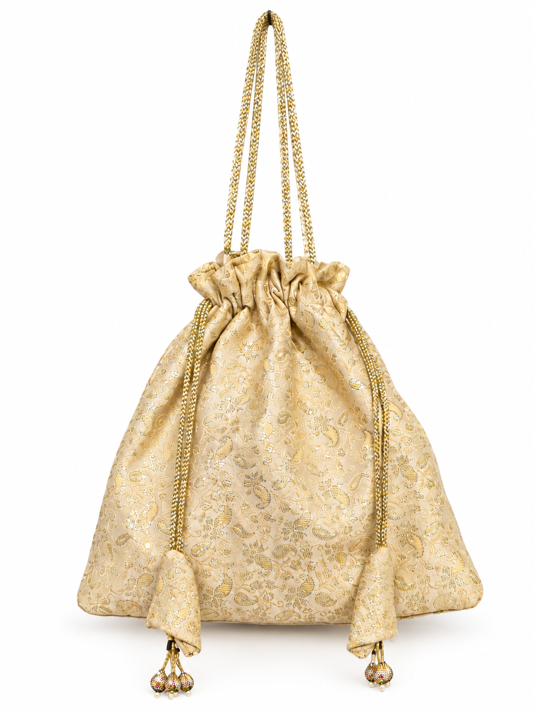 Elegant Golden Cream Potli Bag with Paisley Brocade, Braided Handles, Drawstring Closure, Traditional Detailing and Decorative Beaded Tassels for Weddings