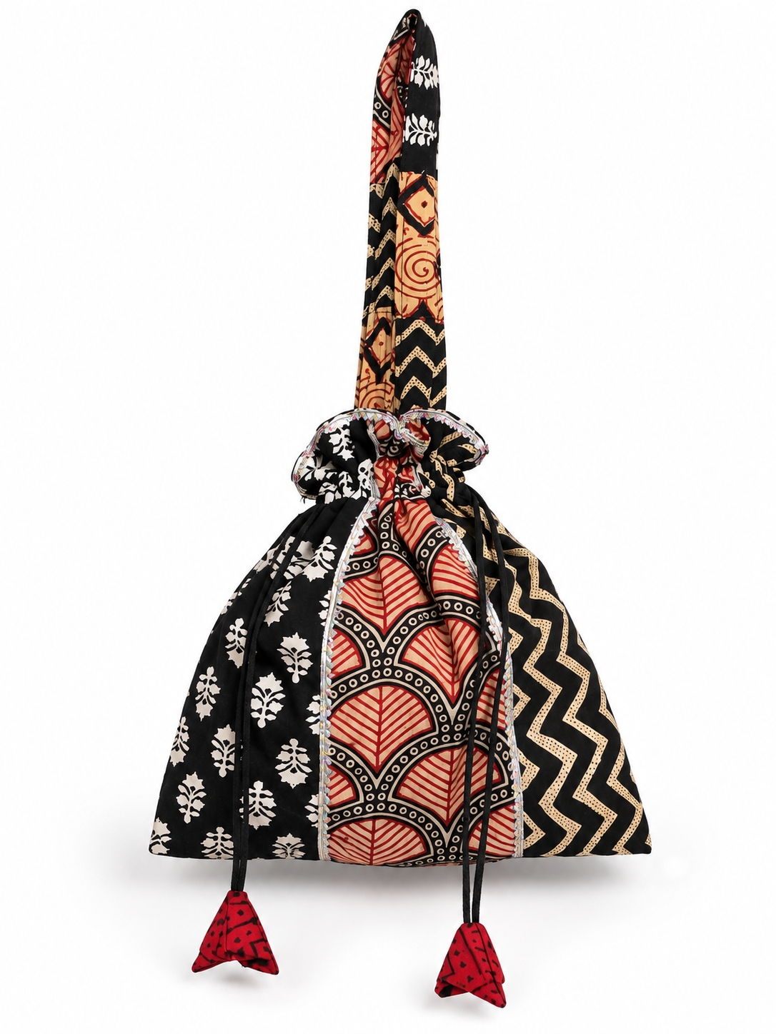 Black Red Potli Bag with Traditional Printed Patterns, Ruffled Drawstring Closure, Long Handle, Decorative Tassels and Stylish Ethnic Detailing