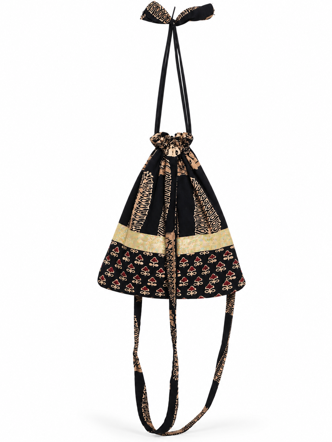 Women’s Black Ethnic Potli Bag with Traditional Printed Design, Golden Border, Drawstring Closure, Long Straps and Stylish Bow Detail