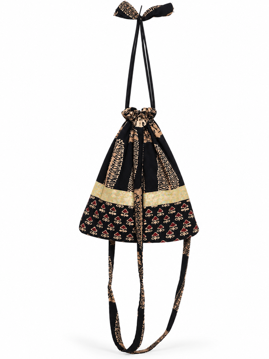Women’s Black Ethnic Potli Bag with Traditional Printed Design, Golden Border, Drawstring Closure, Long Straps and Stylish Bow Detail