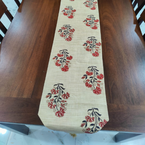 Floral Grace Beige Cotton Silk Table Runner