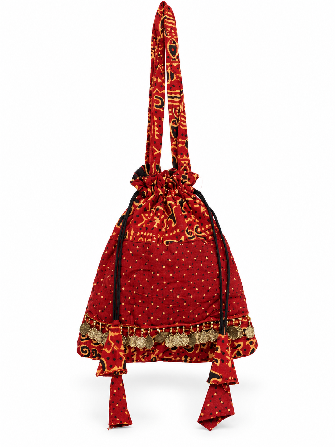Maroon Printed Potli Bag with Traditional Folk Patterns, Golden Coin Detailing, Long Handle, Drawstring Closure and Decorative Tassels for Women